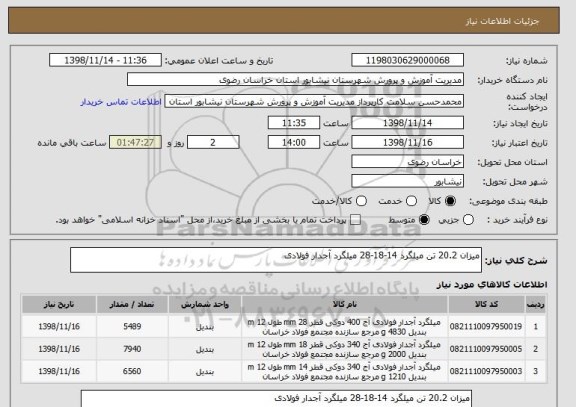 استعلام میزان 20.2 تن میلگرد 14-18-28 میلگرد آجدار فولادی