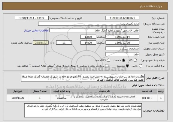 استعلام واگذاری اجاری ساختمان سرپوشیده به مساحت تقریبی 170متر مربع واقع در شهرک جماران گمرک جلفا صرفا جهت عکاسی فعالیت های فرهنگی هنری