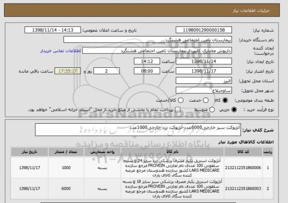 استعلام آنژیوکت سبز خارجی6000عدد-آنژیوکت زرد خارجی1000عدد