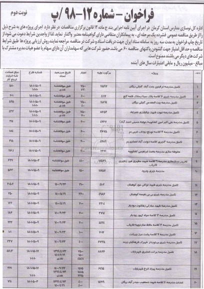 مناقصه، مناقصه تکمیل مدرسه ام البنین و.... نوبت دوم 