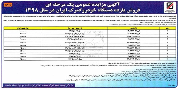 مزایده, مزایده فروش یازده دستگاه خودرو گمرک - نوبت دوم