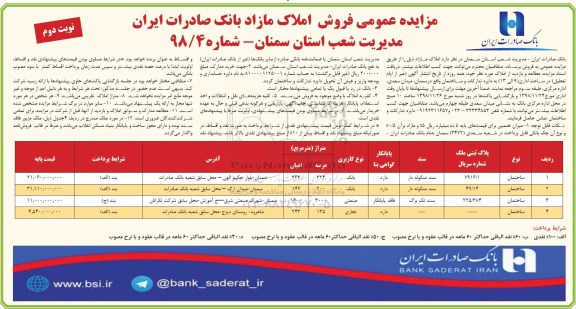 مزایده مزایده فروش املاک مازاد کاربری بانک و صنعتی نوبت دوم 