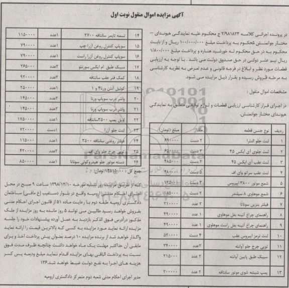 آگهی مزایده ، مزایده لنت جلو النترا...