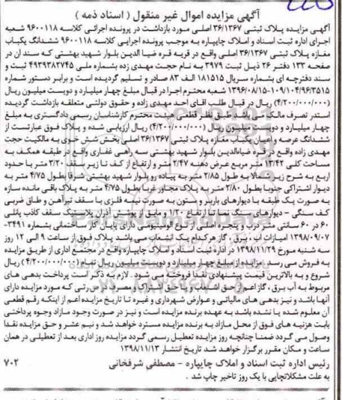 مزایده مزایده ششدانگ یکباب دکان مغازه
