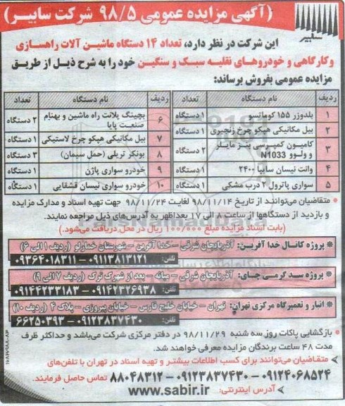 مزایده ، مزایده فروش تعداد 14 دستگاه ماشین آلات راهسازی و کارگاهی و خودروهای نقلیه سبک و سنگین 
