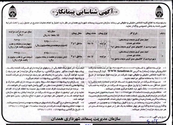 آگهی شناسایی پیمانکار، فراخوان امتیاز جمع آوری ضایعات و...