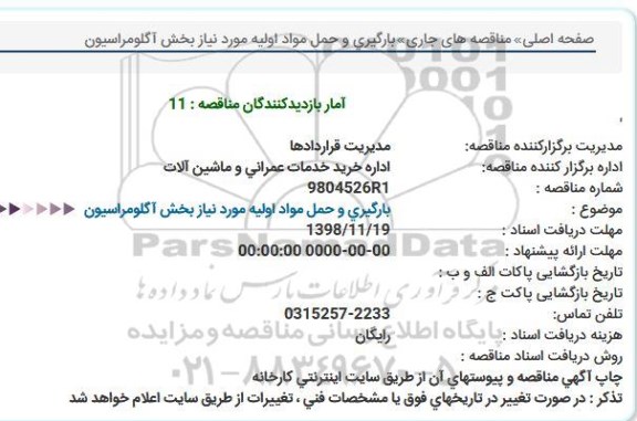 مناقصه ، مناقصه بارگیری و حمل مواد اولیه مورد نیاز بخش آگلومراسیون