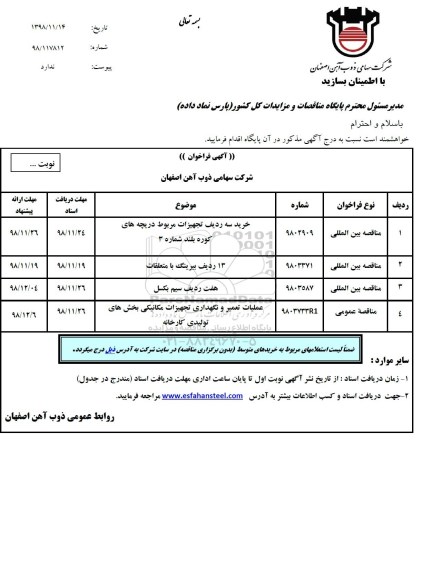 مناقصه , مناقصه خرید سه ردیف تجهیزات مربوط دریچه های کوره بلند ...