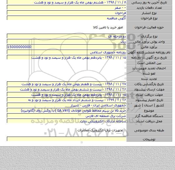 خرید ۷۵ تن سیم محافظ هوایی فولادی (GA ۷#۸ ) با روکش روی (گالوانیزه)