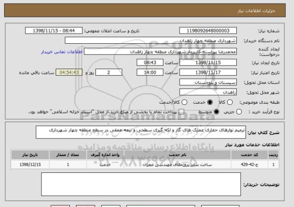 استعلام ترمیم نوارهای حفاری عملک های گاز و لکه گیری سطحی و نیمه عمقی در سطح منطقه چهار شهرداری