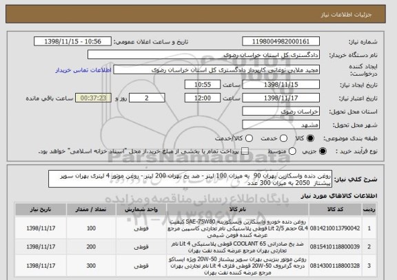 استعلام روغن دنده واسکازین بهران 90  به میزان 100 لیتر - ضد یخ بهران 200 لیتر - روغن موتور 4 لیتری بهران سوپر پیشتاز  2050 به میزان 300 عدد 