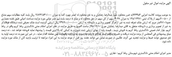 مزایده، مزایده فروش سهم مشاع از 200500سهم از پلاک ثبتی 165/12381 به میزان 4068 سهم از کل سهم
