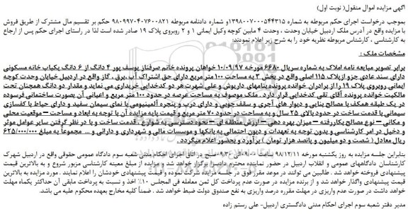 مزایده، مزایده فروش 4 دانگ از 6 دانگ یکباب خانه مسکونی دارای سند عادی جزو ازپلاک 115 اصلی 