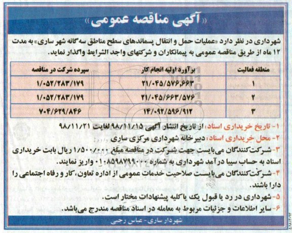 مناقصه عمومی, مناقصه  عملیات حمل و انتقال پسماندهای سطح مناطق
