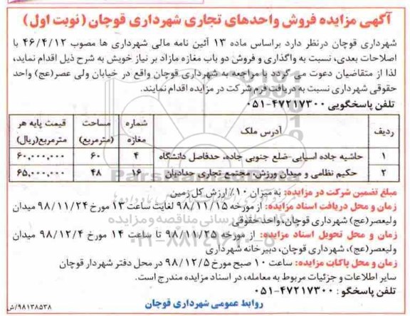 مزایده , مزایده فروش واحد تجاری به مساحت 60 و 48 مترمربع