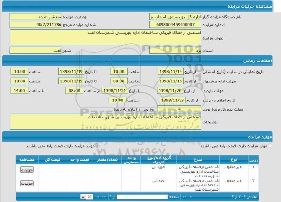 مزایده، مزایده قسمتی از فضای فیزیکی ساختمان اداره بهزیستی