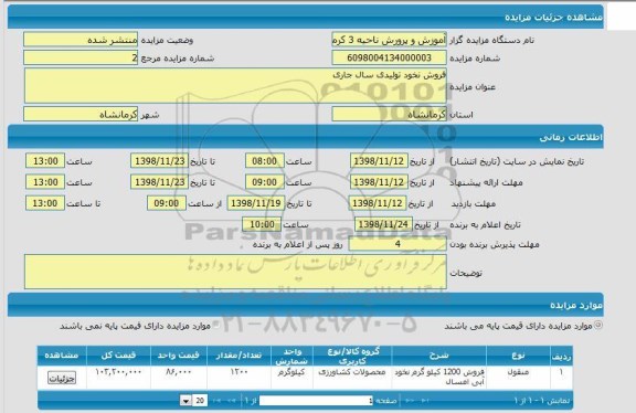 مزایده، مزایده فروش نخود تولیدی سال جاری
