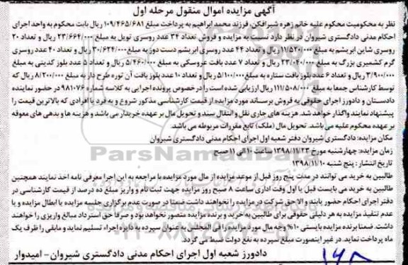 آگهی مزایده مزایده 34 عدد روسری ، 7 عدد بافت عروسکی