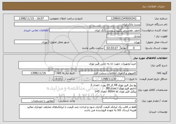 استعلام خرید تجهیزات جهت جا به جایی فیبر نوری