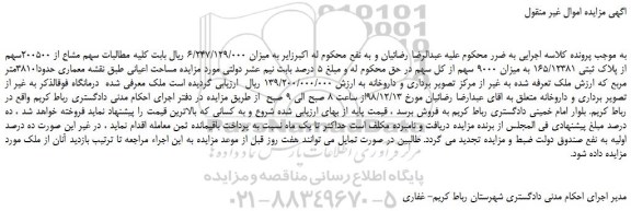 مزایده، مزایده فروش سهم مشاع از 200500سهم از پلاک ثبتی 165/12381 به میزان 9000 سهم از کل سهم