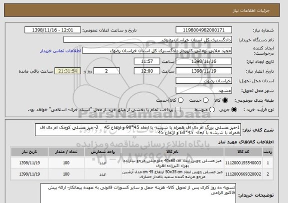 استعلام 1-میز عسلی بزرگ ام دی اف همراه با شیشه با ابعاد 45*90 و ارتفاع 45    2- میز عسلی کوچک ام دی اف همراه با شیشه با ابعاد  45*60 و ارتفاع 45 
