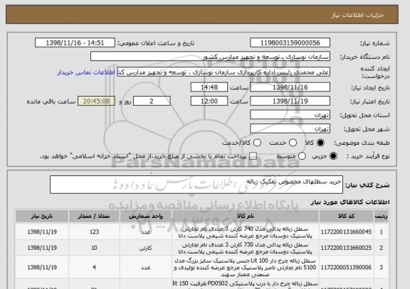 استعلام خرید سطلهای مخصوص تفکیک زباله