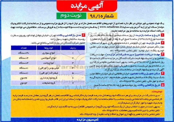 مزایده، مزایده تعدادی از خودروها و اقلام مستعمل مازاد- نوبت دوم
