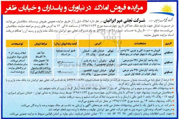 آگهی مزایده , مزایده فروش املاک کاربری مسکونی 