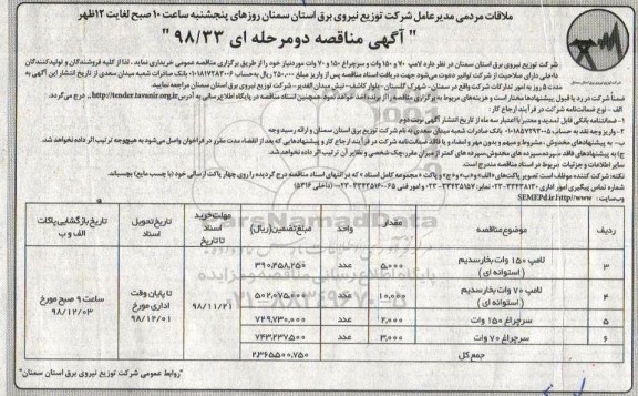 مناقصه, مناقصه لامپ 70 و 150 