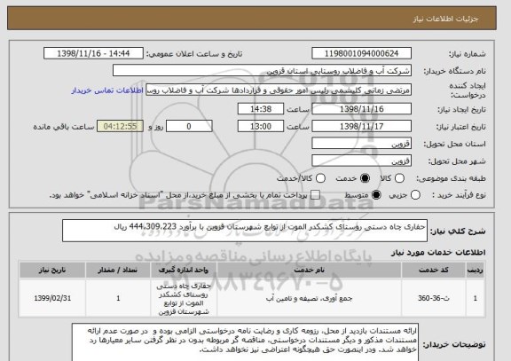 استعلام حفاری چاه دستی روستای کشکدر الموت از توابع شهرستان قزوین با برآورد 444،309،223 ریال  
