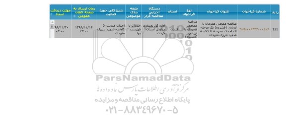 مناقصه , مناقصه احداث مدرسه 6 کلاسه شهید عزیزی