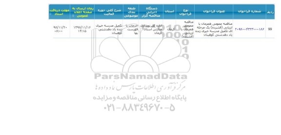 مناقصه عمومی، مناقصه تکمیل مدرسه خیری زنده یاد دهدشتی کوهبنان 