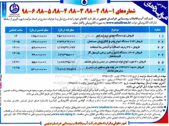 مزایده, مزایده فروش فروش دو دستگاه موتوربرق ژنراتور و ...نوبت دوم