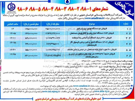 مزایده, مزایده فروش فروش دو دستگاه موتوربرق ژنراتور و ...نوبت دوم 