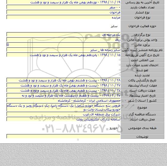 فروش سه دستگاه خودرو شامل: یک دستگاه زانتیا، یک دستگاه رونیز و یک دستگاه خودرو پیکاب نیسان وانت دو