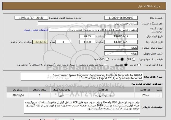 استعلام 1-Government Space Programs: Benchmarks, Profiles & Forecasts to 2028
2-The Space Report 2019, 4 Quarterly Reports