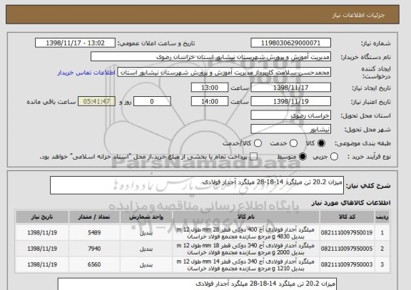 استعلام میزان 20.2 تن میلگرد 14-18-28 میلگرد آجدار فولادی