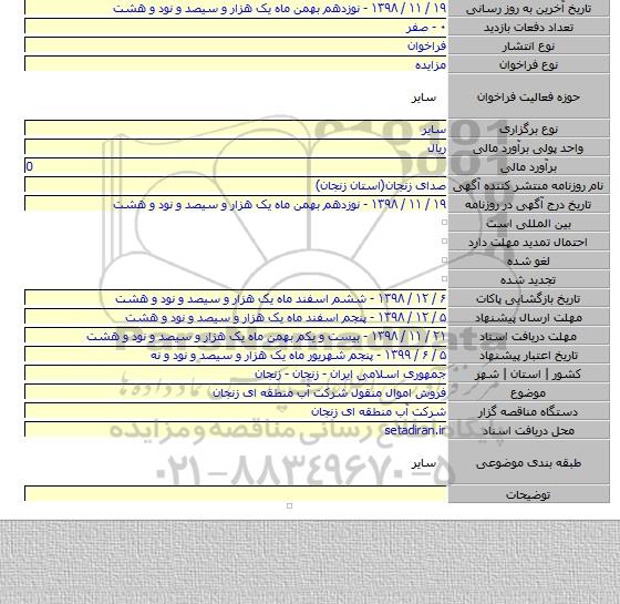 فروش اموال منقول شرکت آب منطقه ای زنجان