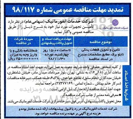 تمدید مناقصه عمومی , تمدید مناقصه تامین و تحویل قطعات یدکی تابلو برق