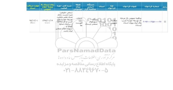 مناقصه, مناقصه توسعه خوشه کسب و کار آبزی پروری