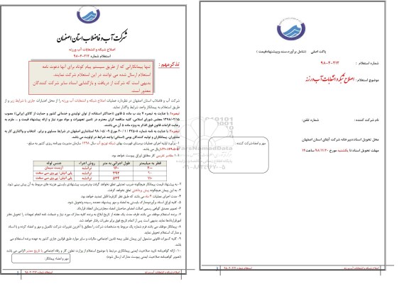 استعلام، استعلام اصلاح شبکه و انشعابات آب ورزنه