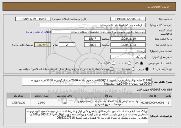 استعلام 21400اصله نهال بادام رقم شاهرود 12(6000اصله خرم آباد + 2000اصله الیگودرز + 5000اصله دورود + 5000اصله دلفان + 3400اصله سلسله)