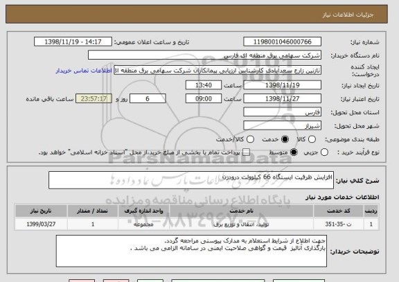 استعلام افزایش ظرفیت ایستگاه 66 کیلوولت درودزن