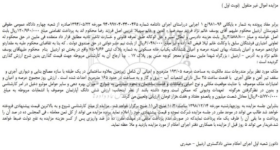 مزایده، مزایده فروش ملک به مساحت عرصه 193/05 مترمربع 