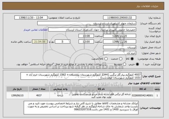 استعلام 4937 کیلوگرم پیاز گل نرگس (2344 کیلوگرم شهرستان رومشکان + 1562 کیلوگرم شهرستان خرم آباد + 1031 کیلوگرم شهرستان کوهدشت) 