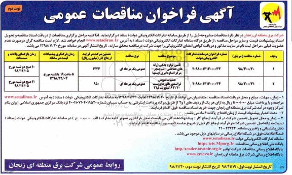 فراخوان مناقصات تامین لوازم یدکی نوبت دوم 