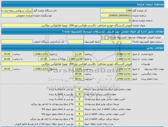 مزایده، مزایده فروش 3 دستگاه خودرو تصادفی 