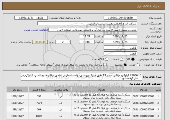 استعلام 21036 کیلوگرم میلگرد آجدار A3 طبق مدرک پیوستی، واحد شمارش تمامی میلگردها بجای تن، کیلوگرم در نظر گرفته شود
از کد مشابه استفاده شده