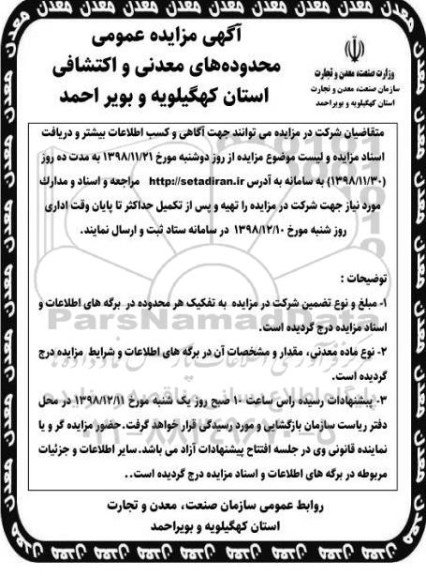مزایده، مزایده عمومی محدوده های معدنی و اکتشافی
