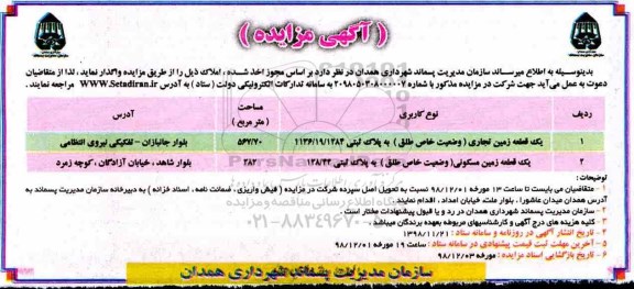 مزایده،مزایده واگذاری یک قطعه زمین تجاری